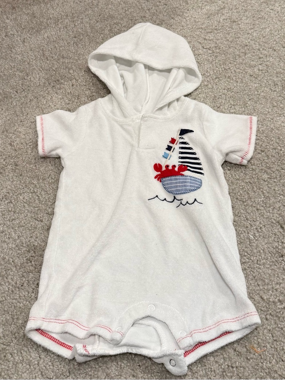 Mudpie 3-6 month White Hooded terry cloth Baby Romper with Sailboat